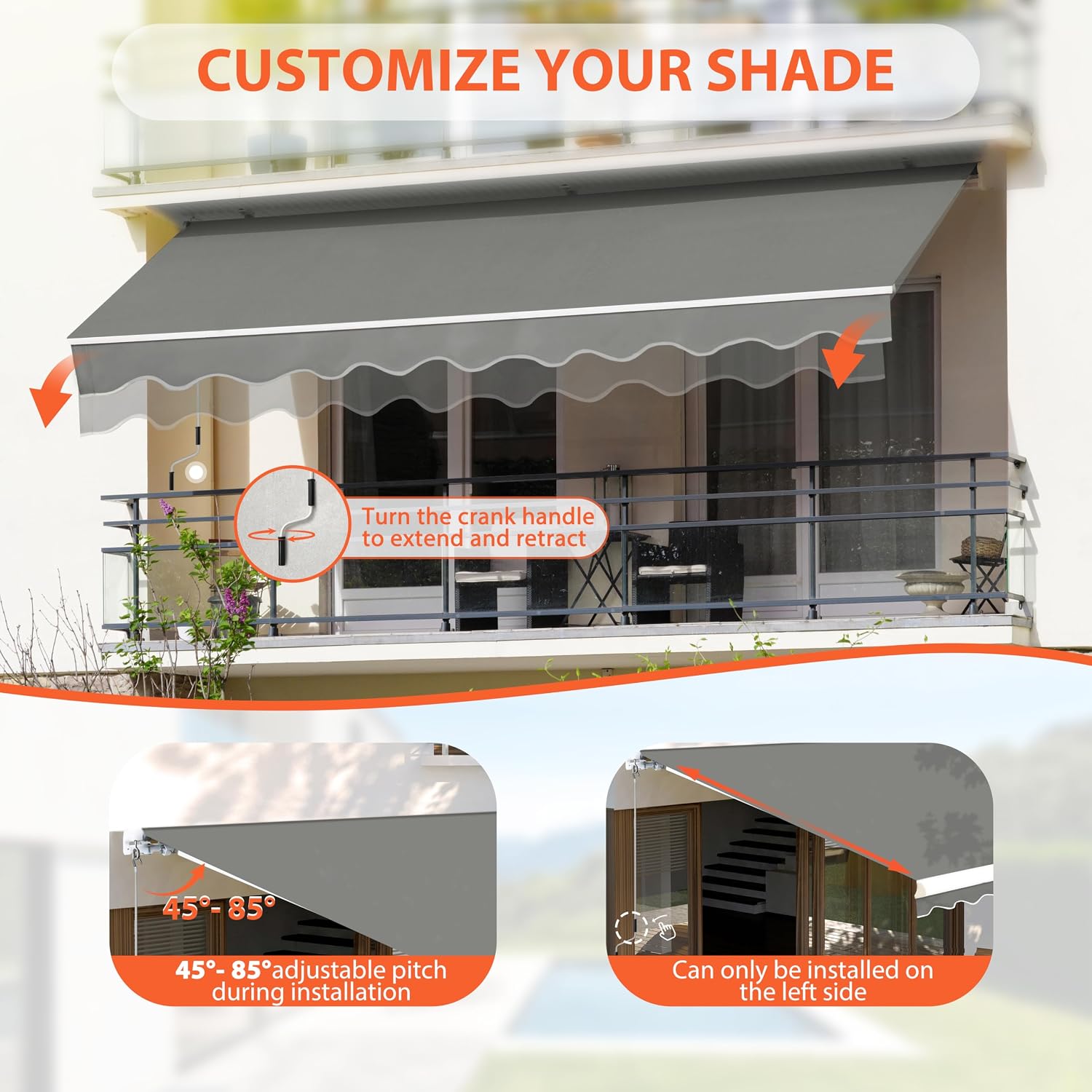 10'x8' Awnings , Manual Awning with Aluminum Frame, Retractable Awning Sunshade Window Door Shelter with Adjustable