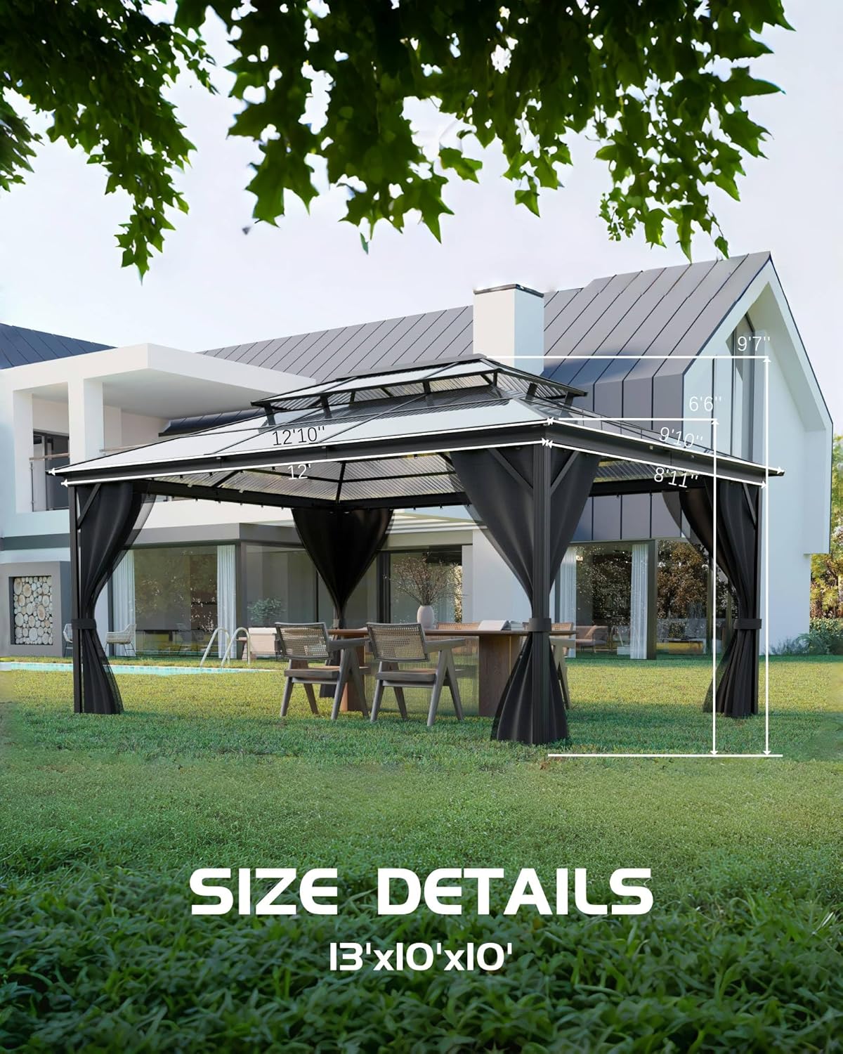 10' x 13' Hardtop Gazebo with Polycarbonate Double Roof, Aluminum Frame Permanent Pavilion with Curtains and Netting