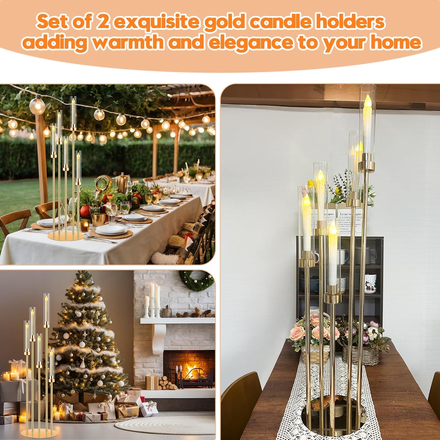 10 Sets 5 Arms Acrylic Candelabra for Tables,42'' Tall Candlesticks Holder with Lampshade,Wedding Centerpieces,Gold