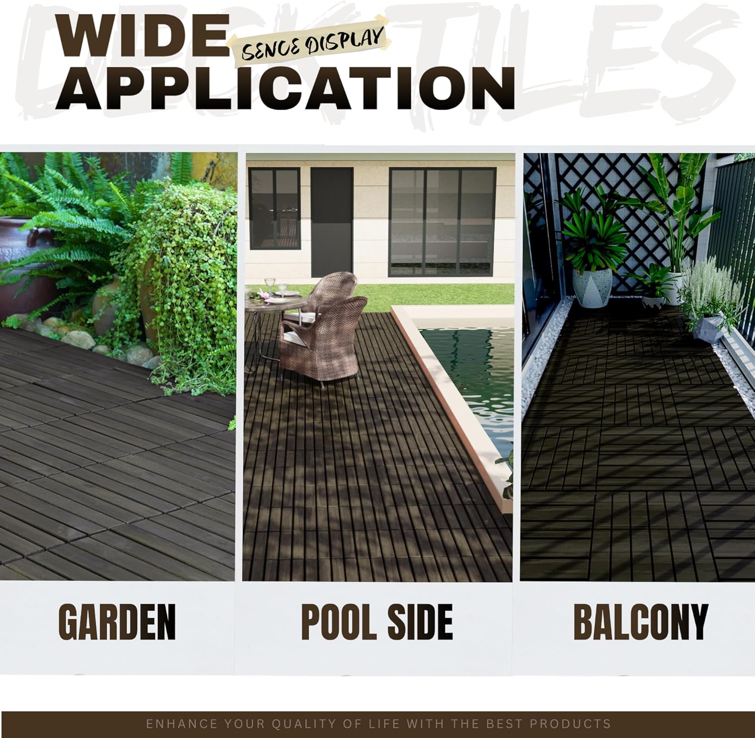 10 Pcs Outdoor Interlocking Deck Tiles, 12"x12" Acacia Wood Tiles for Patio, Porch, Balcony & Poolside, Striped
