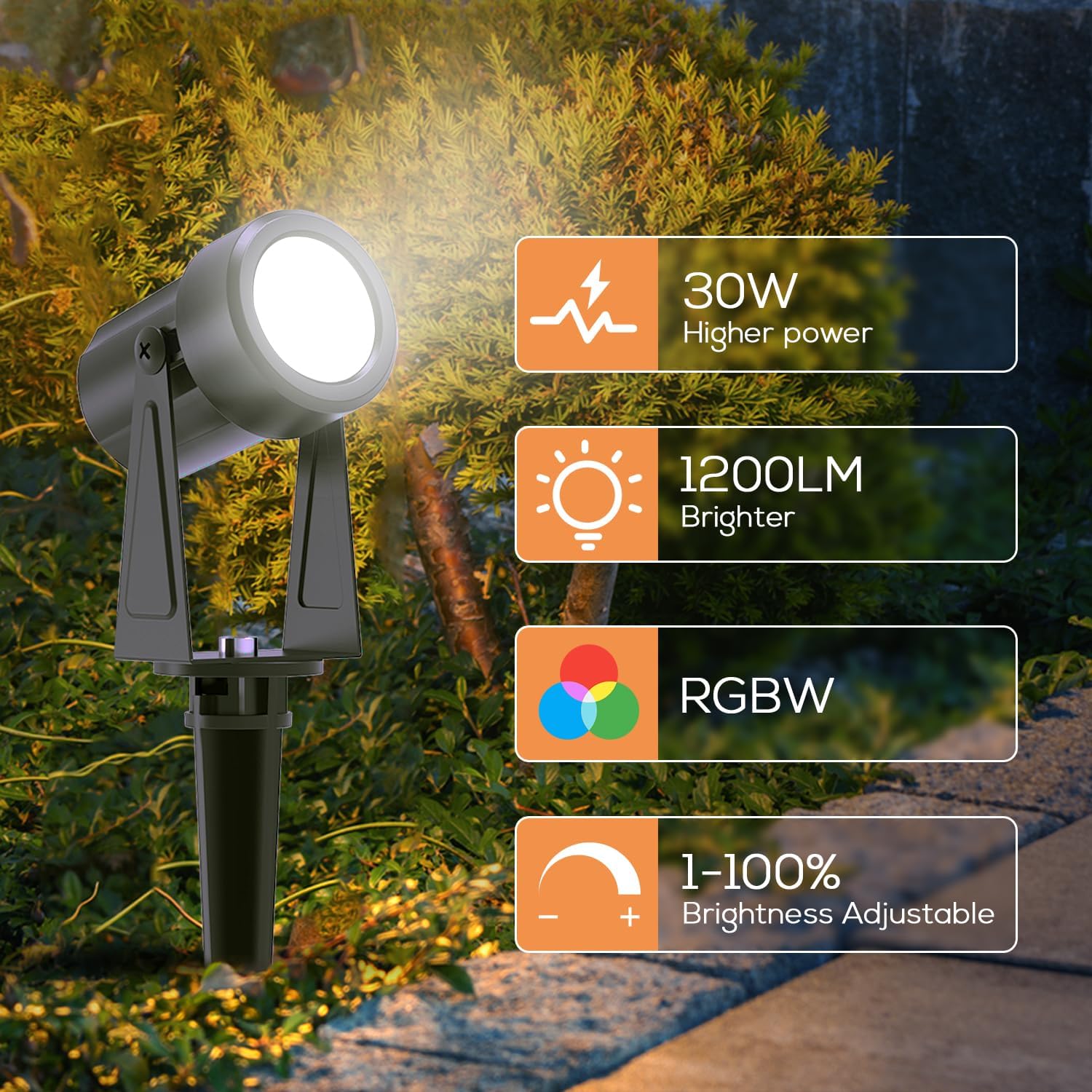 10 Pack Outdoor RGBW Landscape Lights, Color Changing Spot Uplights | Dusk to Dawn Sensor Controller with Remote