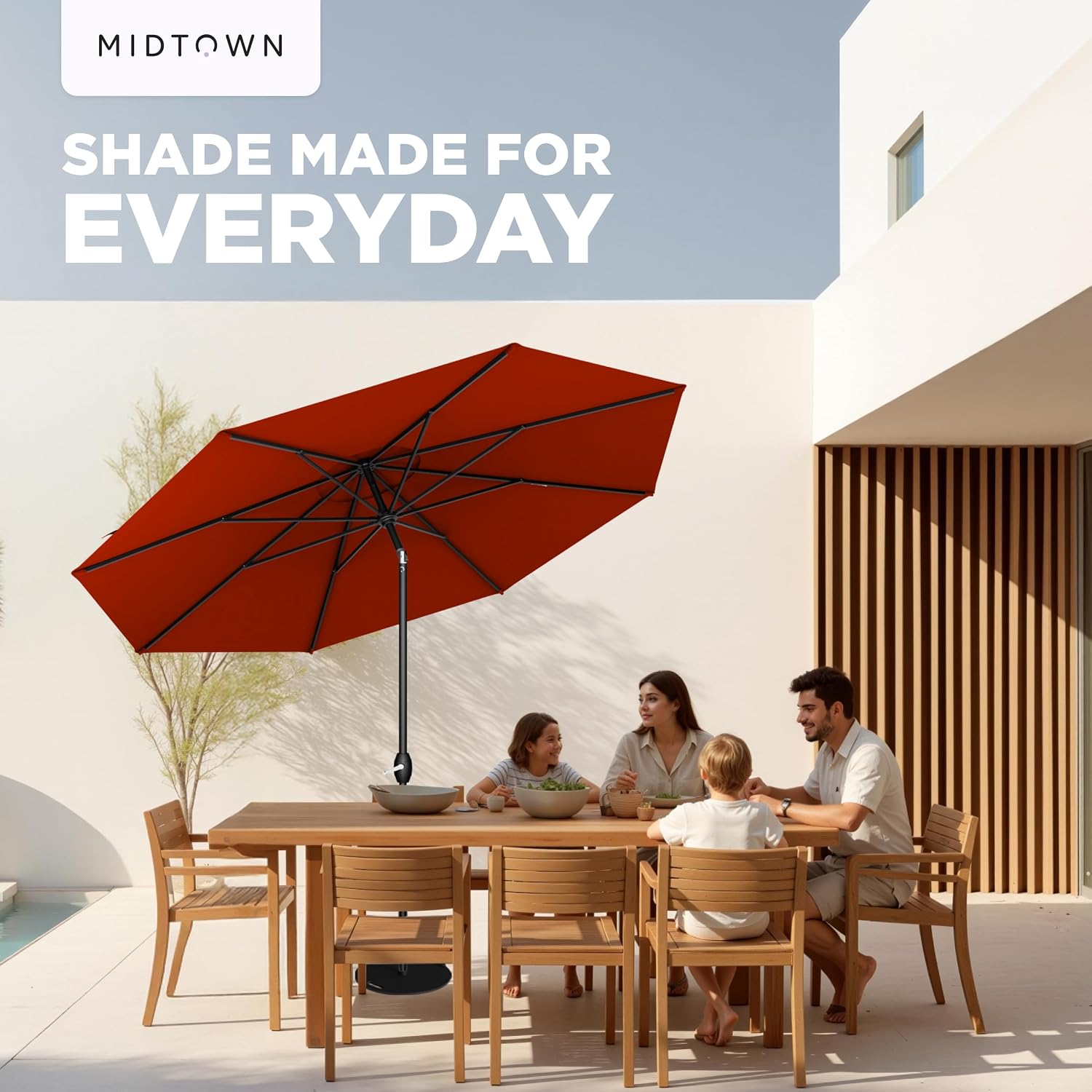 10-Year-No-Fade 9 Ft Patio Umbrella with Terylast Fabric, Auto-Tilt Aluminum Frame and 8 Reinforced Ribs Pool - Apple