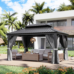 10' X 14' Hardtop Gazebo with Drainage System, Aluminum Outdoor Gazebo with Galvanized Steel Double Roof