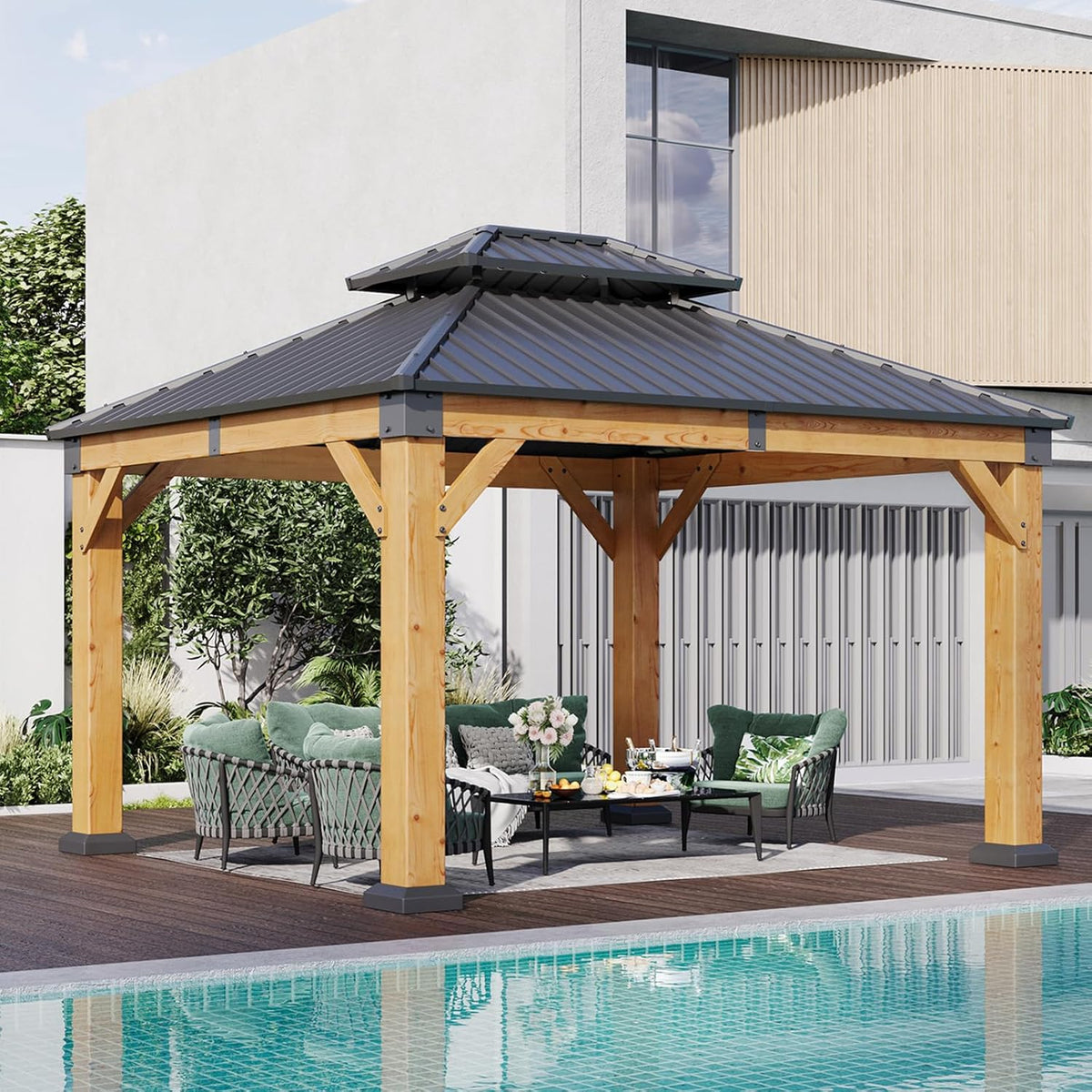 10' x 12' Outdoor Wood Gazebo, Hardtop Gazebo Permanent Wooden Pavilion with Galvanized Steel Double Roof