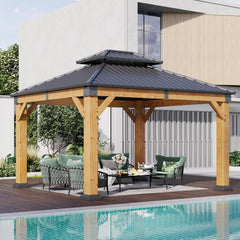 10' x 12' Outdoor Wood Gazebo, Hardtop Gazebo Permanent Wooden Pavilion with Galvanized Steel Double Roof