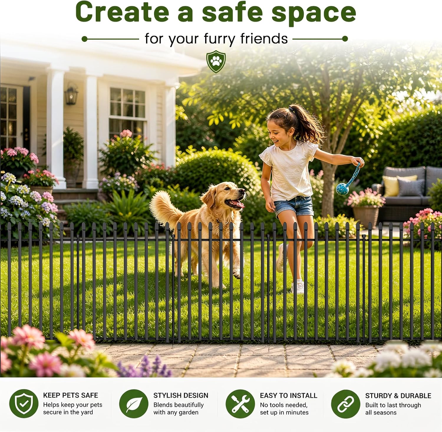 10 Panels No Dig Decorative Garden Fence, 32in(H)×22ft(L) Heavy-Duty Rustproof Metal Panels, Outdoor Dog Barrier for