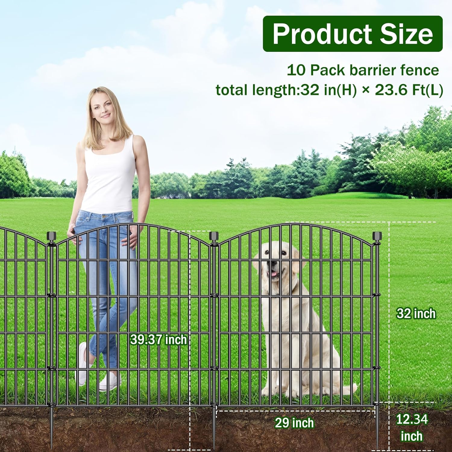 10 Panels Decorative Garden Fence - 32 in (H) x 23.6 ft (L) No Dig Dog Fence Outdoor for Yard, Rustproof Tall Garden