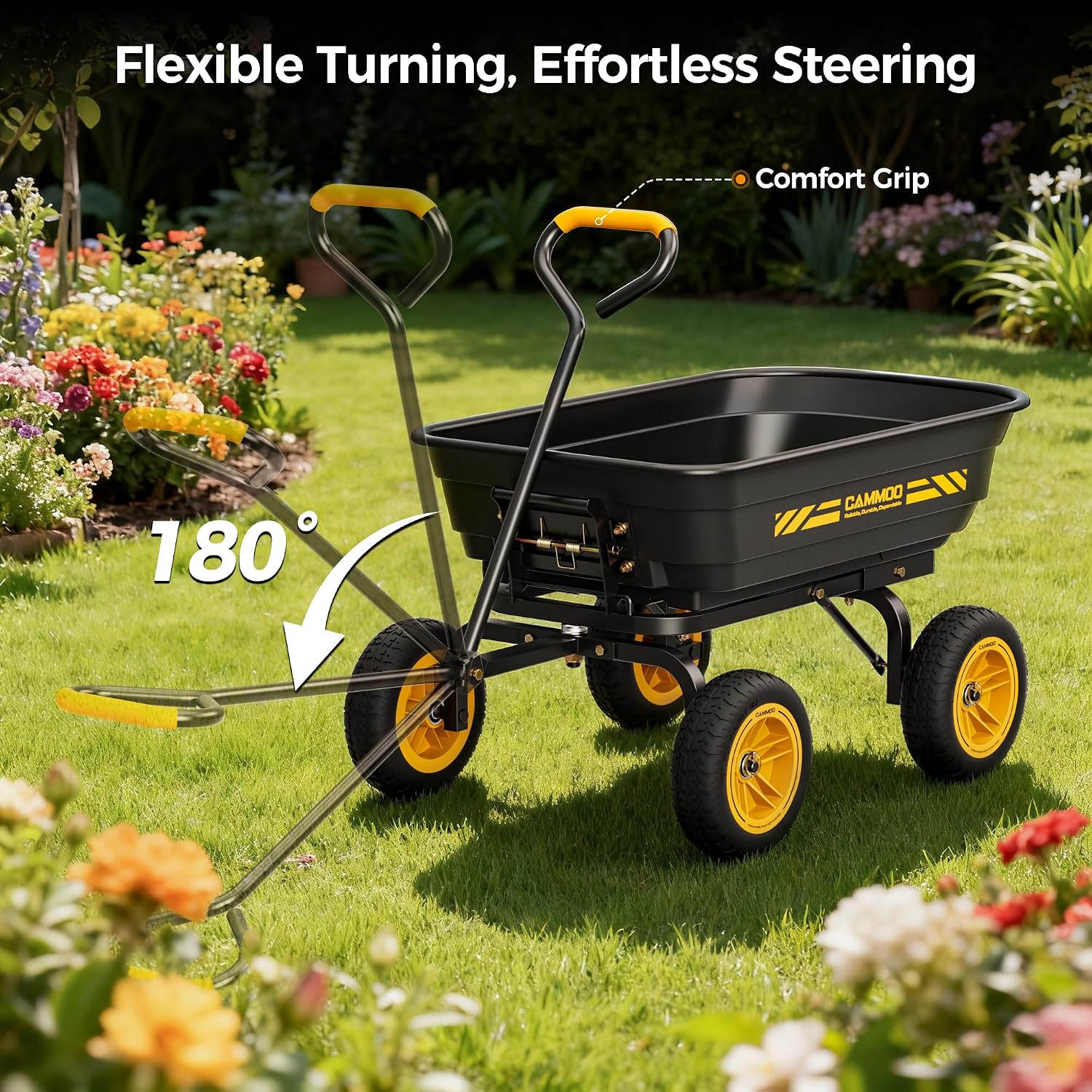 10-in NO-Flat Tires 600lb Garden Dump Cart 4 Cu.Ft. Wheelbarrow | Garden Wagon Quick-Release Dumping Garden Cart