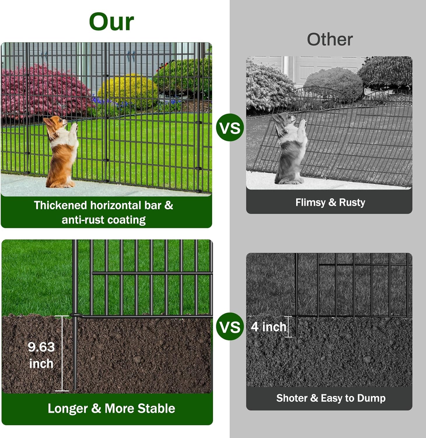 10 Panel No Dig Decorative Garden Fence - 48in H x 22.6 ft L, Tall Animal Barrier for Dogs Rabbits, Rustproof Metal