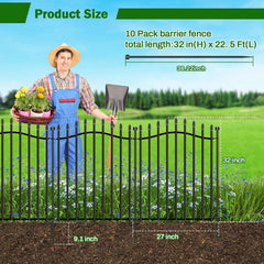 10 Panels No Dig Decorative Garden Fence with Gate - 32in H x 22.5ft L, Reinforced Square Tube Rustproof Tall Animal