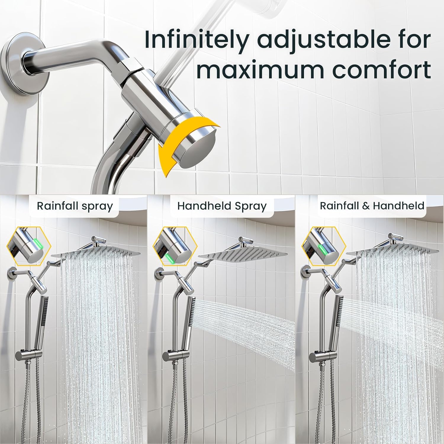 10" Luxurious Rain Shower Head with Handheld, High Pressure Rainfall Shower Heads wih Extension Arm