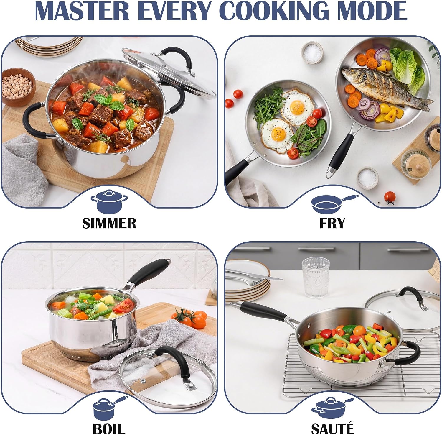 10-Piece Stainless Steel Cookware Set - Induction Pots and Pans Set | Tri-Ply Base with Stay-Cool Handles, Dishwasher