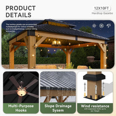 10' x 12' Outdoor Wood Gazebo, Hardtop Gazebo Permanent Wooden Pavilion with Galvanized Steel Double Roof