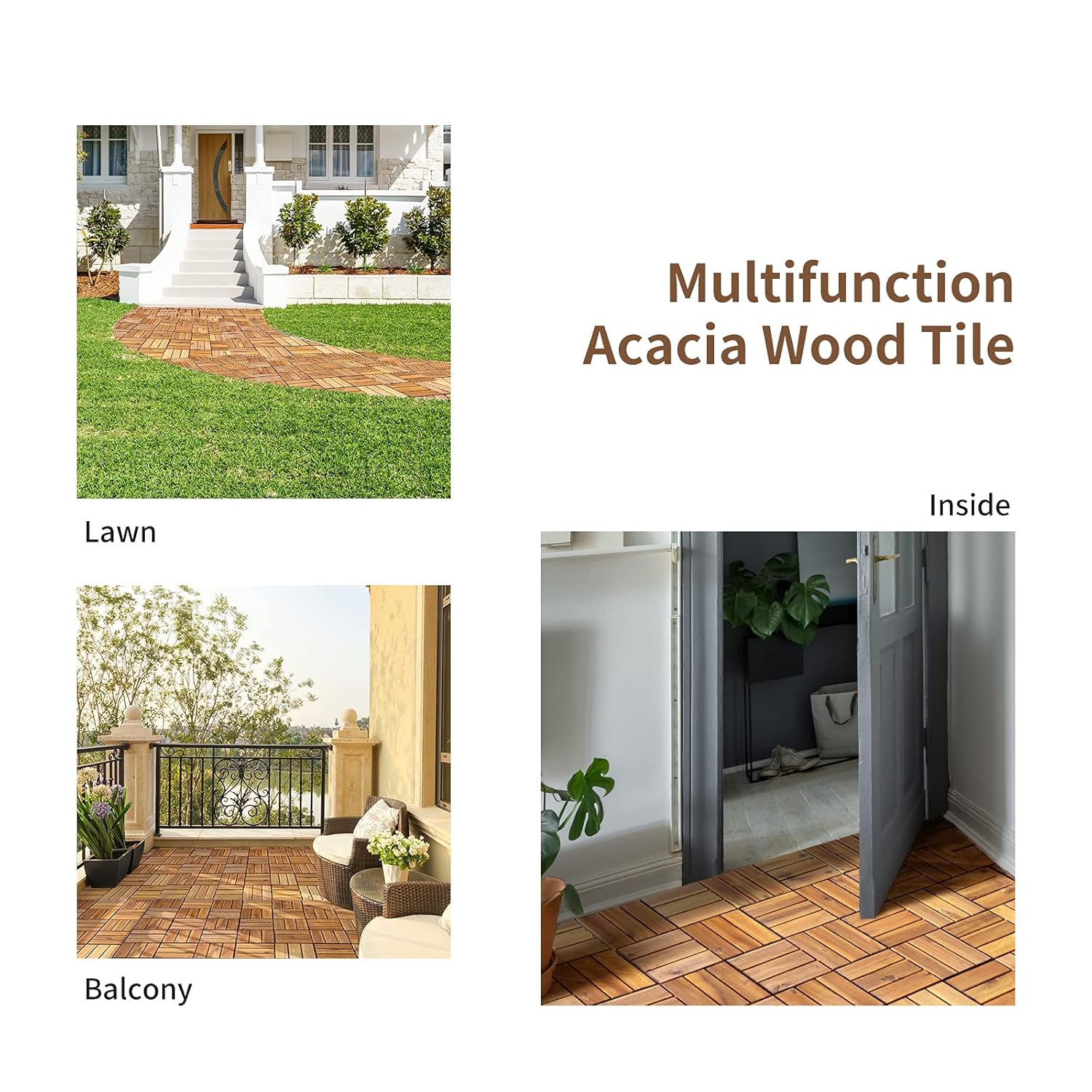10 PCS Interlocking Patio Deck Tiles, 12 x 12in Acacia Hardwood Outdoor Flooring Tiles, 10 sq.ft Wood Composite Deck