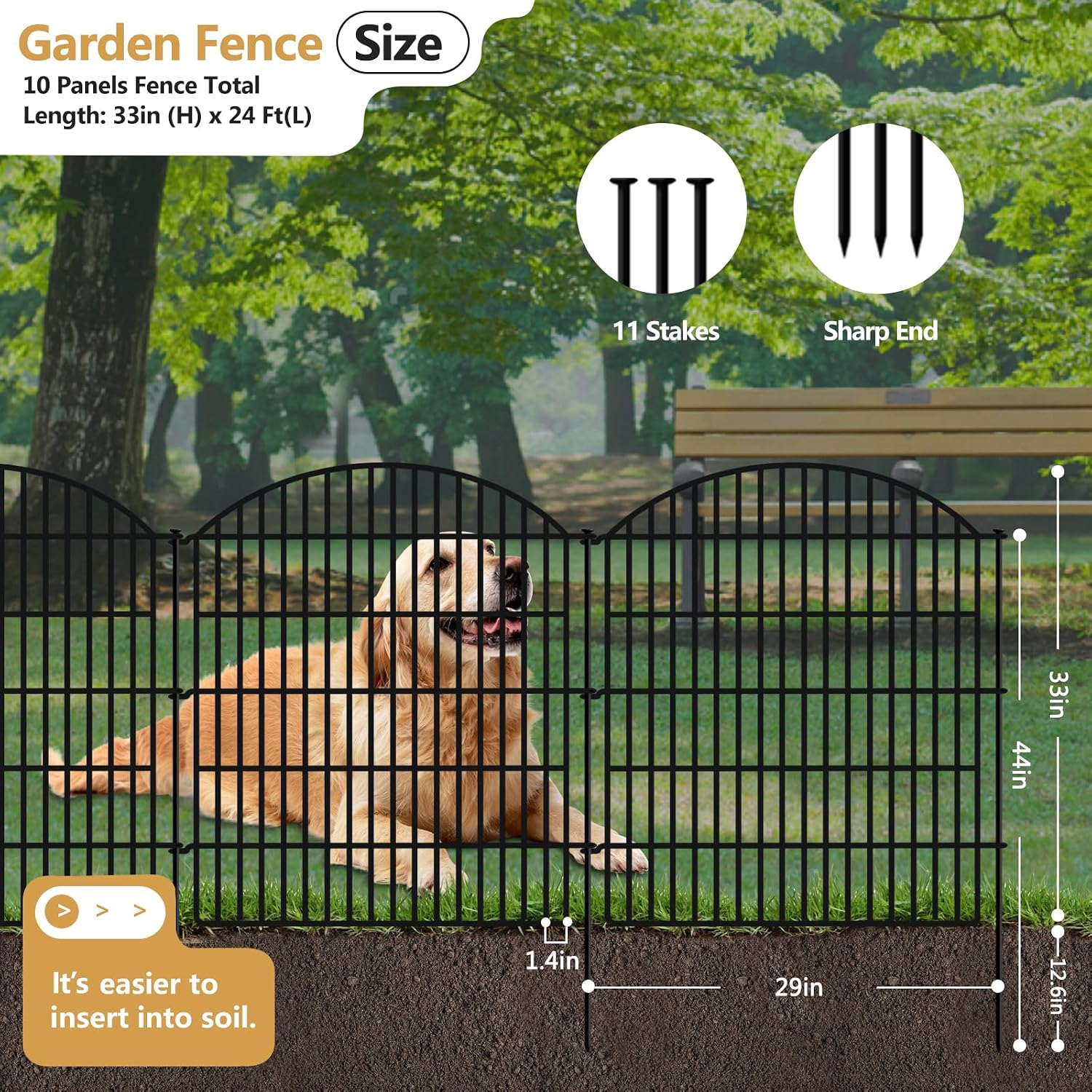 10 Panels Garden Fence Animal Barrier, 33 in(H) X 24 ft(L) Dog Fence Outdoor for Yard Rustproof No Dig Fencing