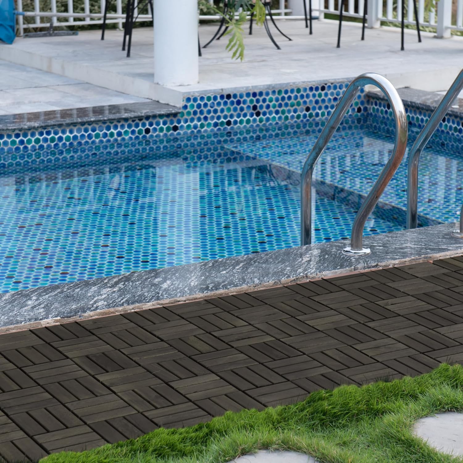 10 Pcs Outdoor Interlocking Deck Tiles, 12"x12" Acacia Wood Tiles for Patio, Porch, Balcony & Poolside, Checker