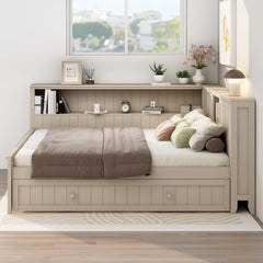 & Bright Designs Full Size Daybed with Trundle and Shelves, Wood Corner Bed Frame with Bookcase and Headboard for