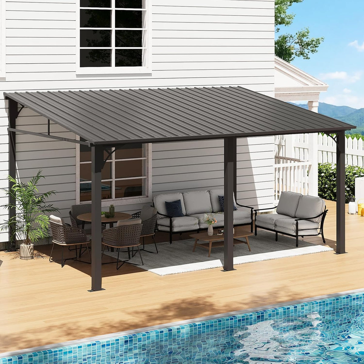 10' x 14' Lean to Gazebo, Upgraded Hardtop Outdoor Pergola with Sloping Galvanized Steel Roof