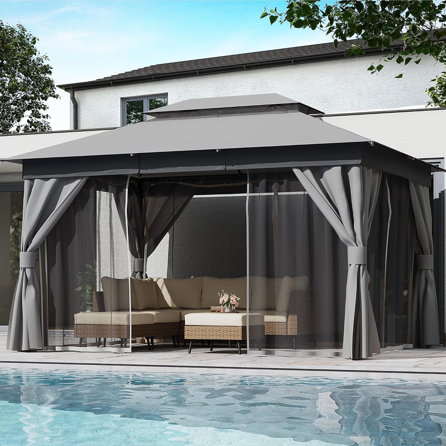 10'x13' Outdoor Gazebo, Metal Frame Heavy Duty Patio Canopy Tent Shelter with Double Roofs - Gray