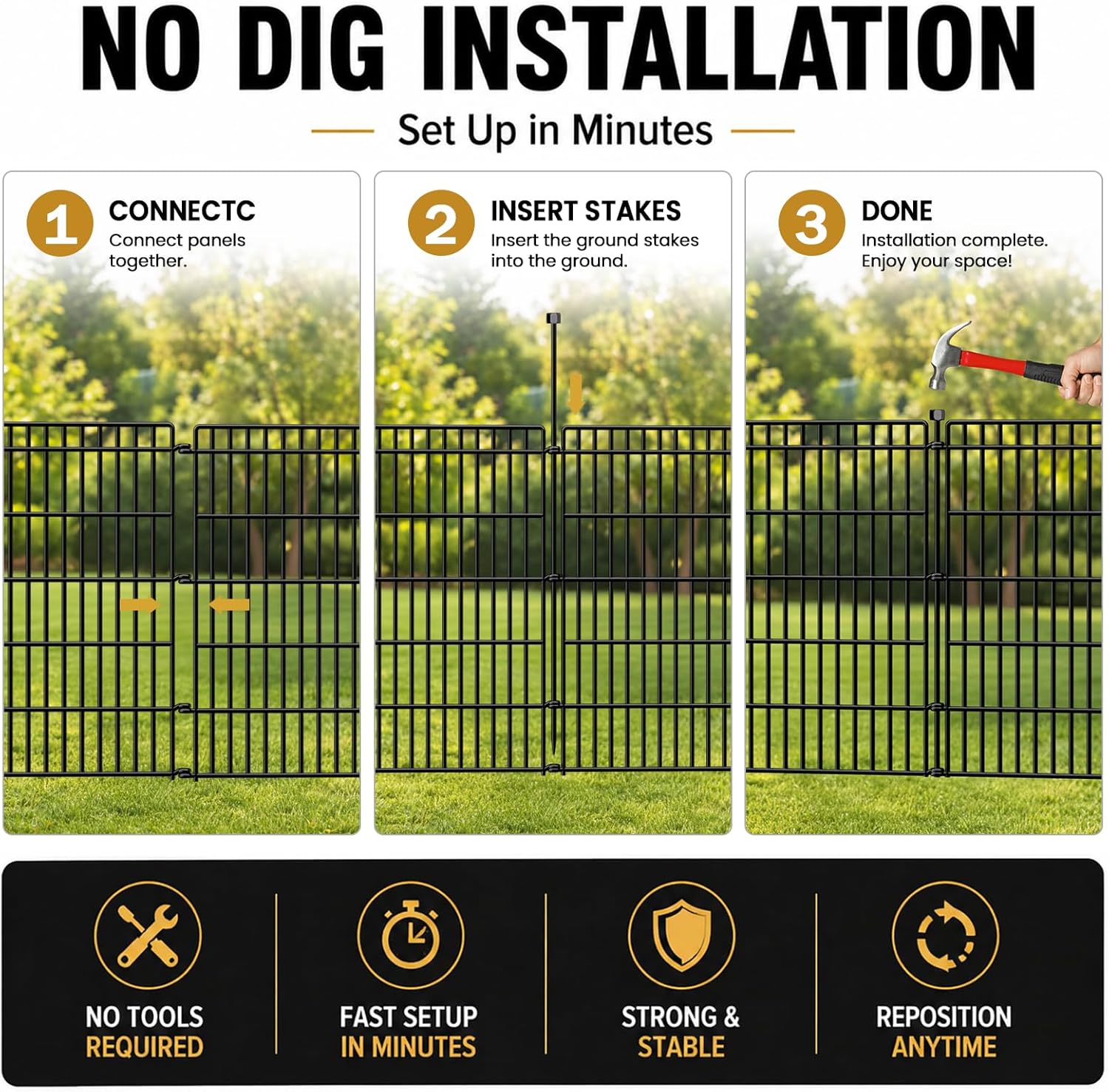 10 Panels No Dig Garden Fence with Gate, 34in(H) × 22.5ft(L) Decorative Metal Outdoor Dog Fence, Rustproof Pet
