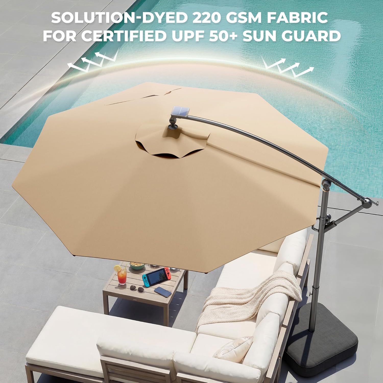 10 ft Offset Patio Umbrella with Solar Lights, LED Lighted Umbrella Outdoor Patio with Base Included - Beige