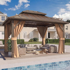 10' x 12' Gazebo Hardtop with Aluminum Frame,Galvanized Steel Double Roof Gazebos with Curtain and Netting,Outdoor Metal Pergolas for Garden, Lawn, Deck, Brown