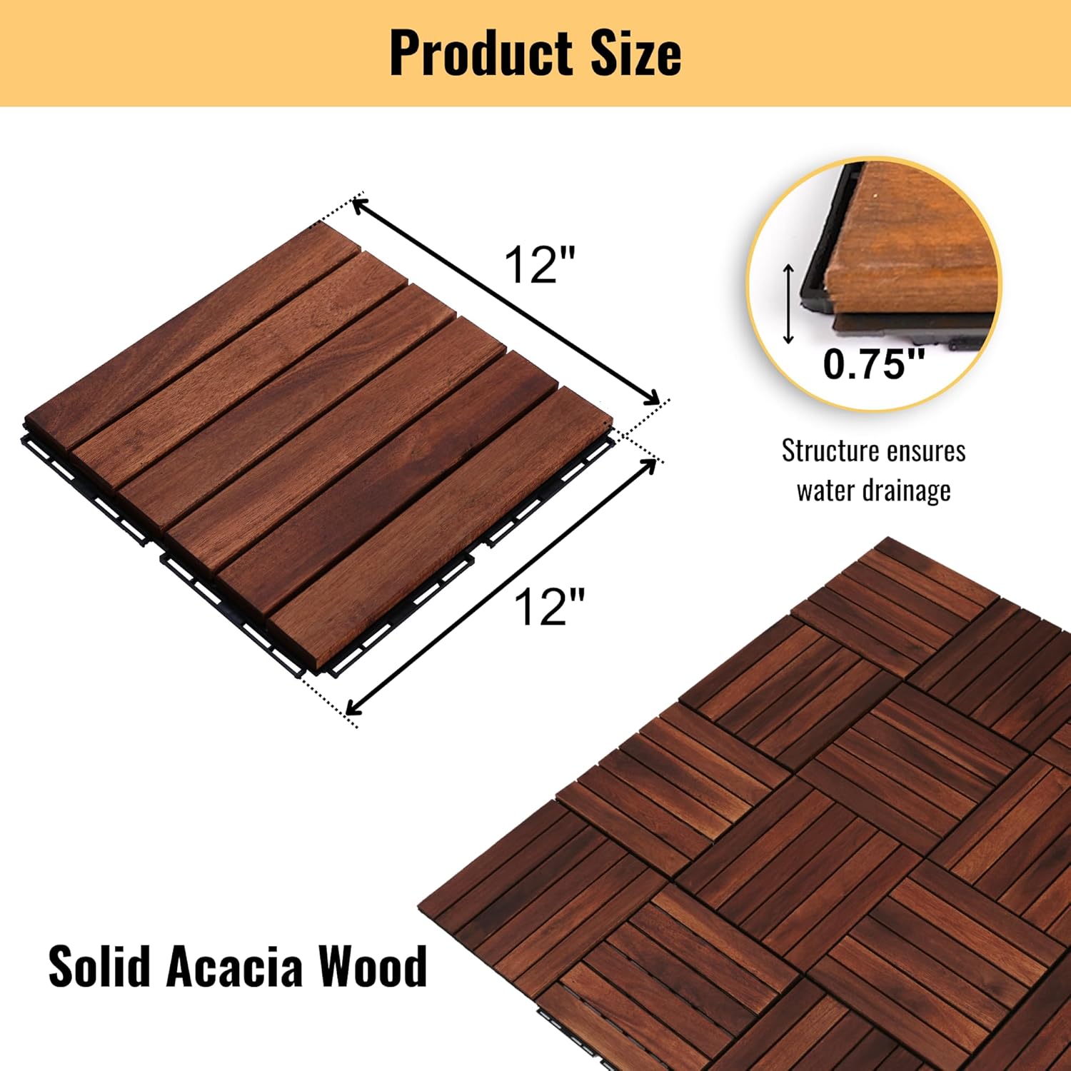 10 Pcs Acacia Wood Interlocking Deck Tiles, 12" X 12" Patio Deck Tiles, Outdoor Patio Flooring for Balcony, Garden