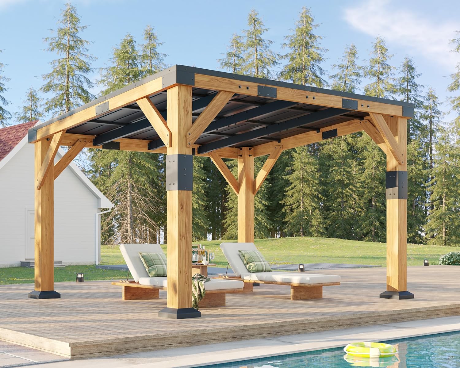 10' x 12' Cedar Wood Gazebo with Sloped Galvanized Steel Roof, Hardtop Gazebo Pavilion with Durable