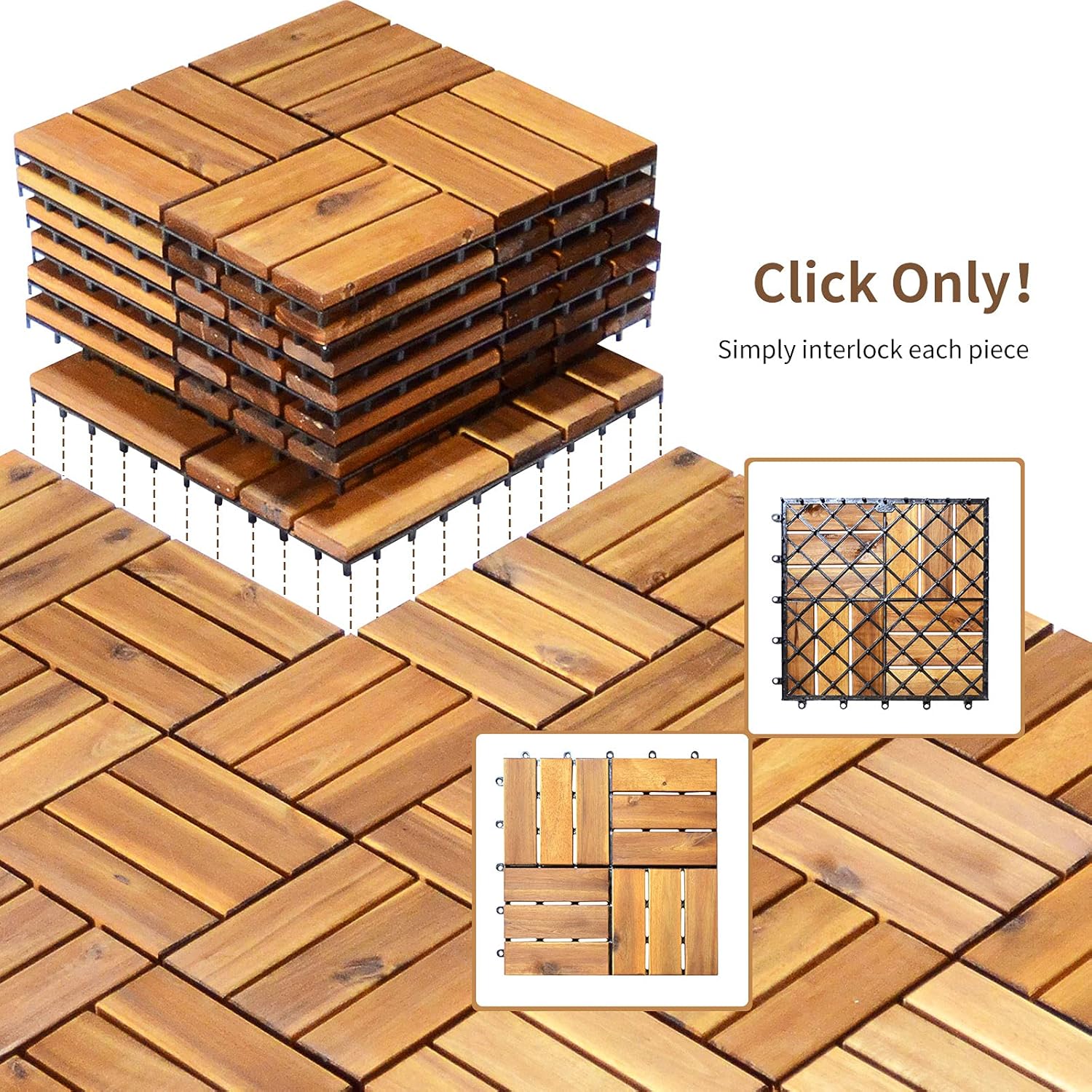 10 PCS Interlocking Patio Deck Tiles, 12 x 12in Acacia Hardwood Outdoor Flooring Tiles, 10 sq.ft Wood Composite Deck
