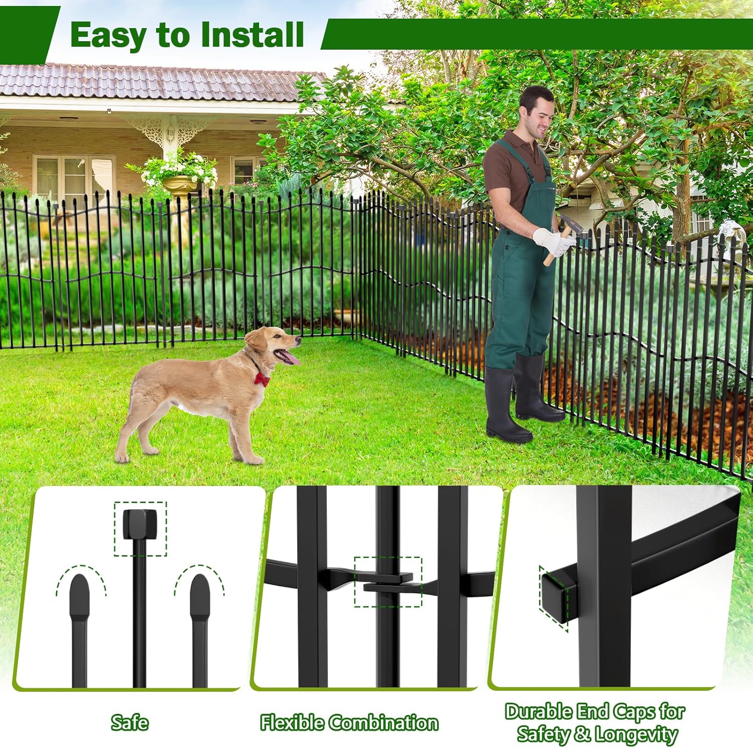 10 Panels No Dig Decorative Garden Fence with Gate - 40in H x 22.5ft L, Duty Square-Tall Heavy Duty Square Tube