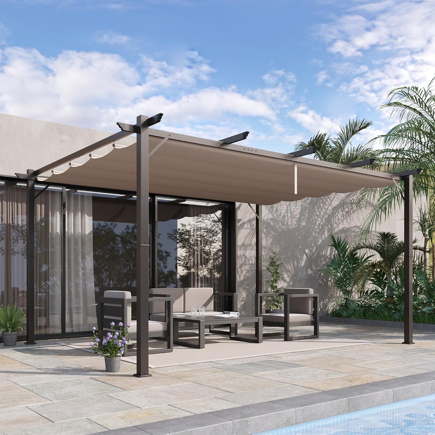 10' x 13' Aluminum Patio Pergola with Retractable Pergola Canopy, Backyard Shade Shelter for Porch, Outdoor Party