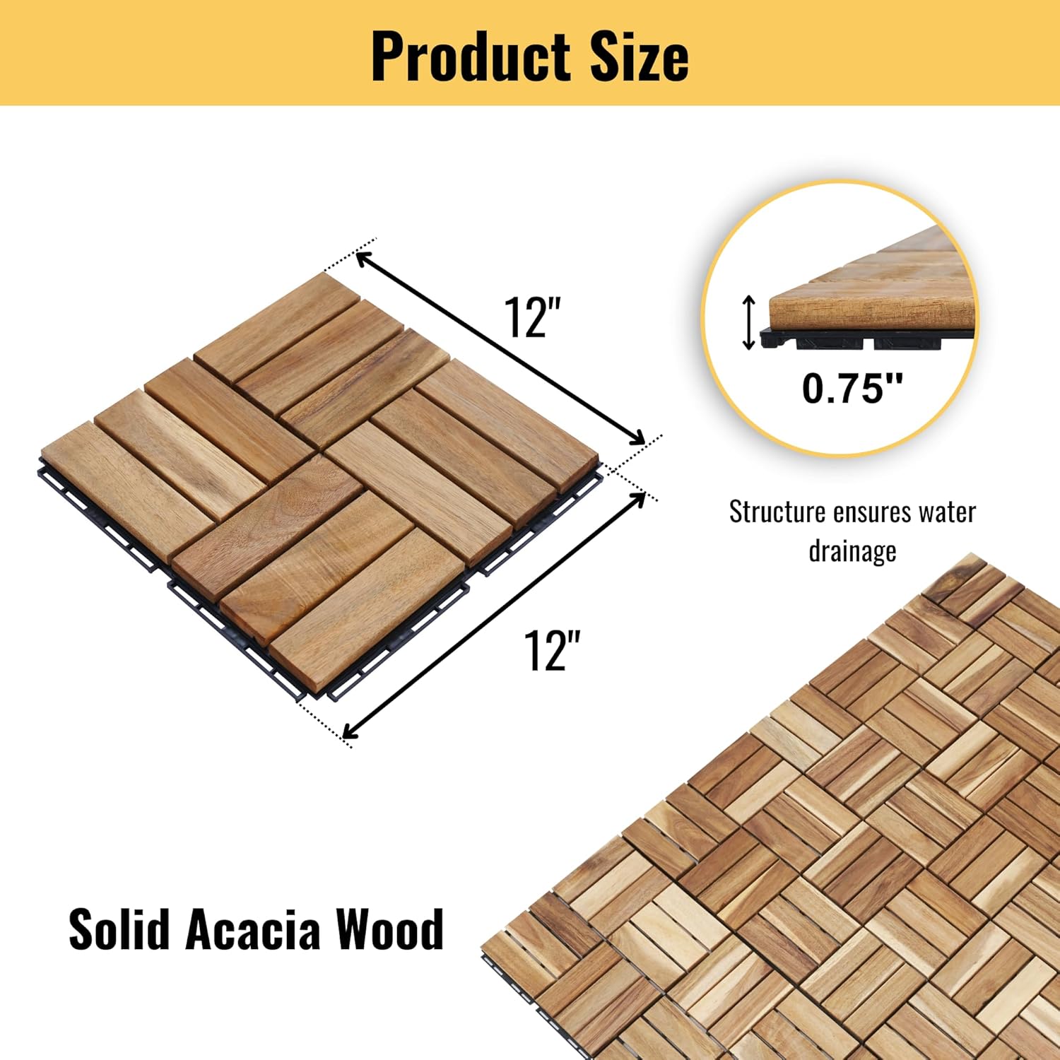 10 Pcs Outdoor Interlocking Deck Tiles, 12"x12" Acacia Wood Tiles for Patio, Porch, Balcony & Poolside, Checker
