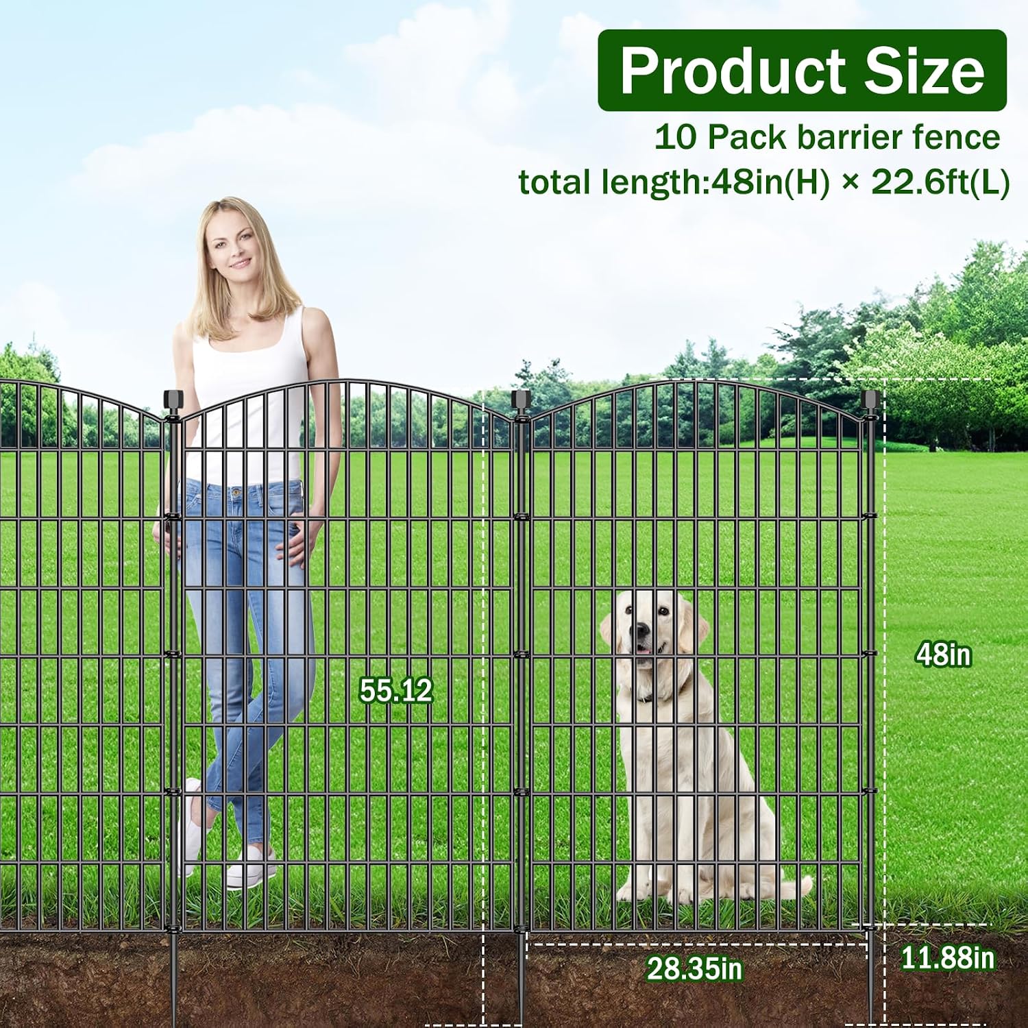 10 Panels No Dig Decorative Garden Fence with Gate - 48 in (H) x 22.6 ft (L), Dog Fence Outdoor for Yard, Rustproof