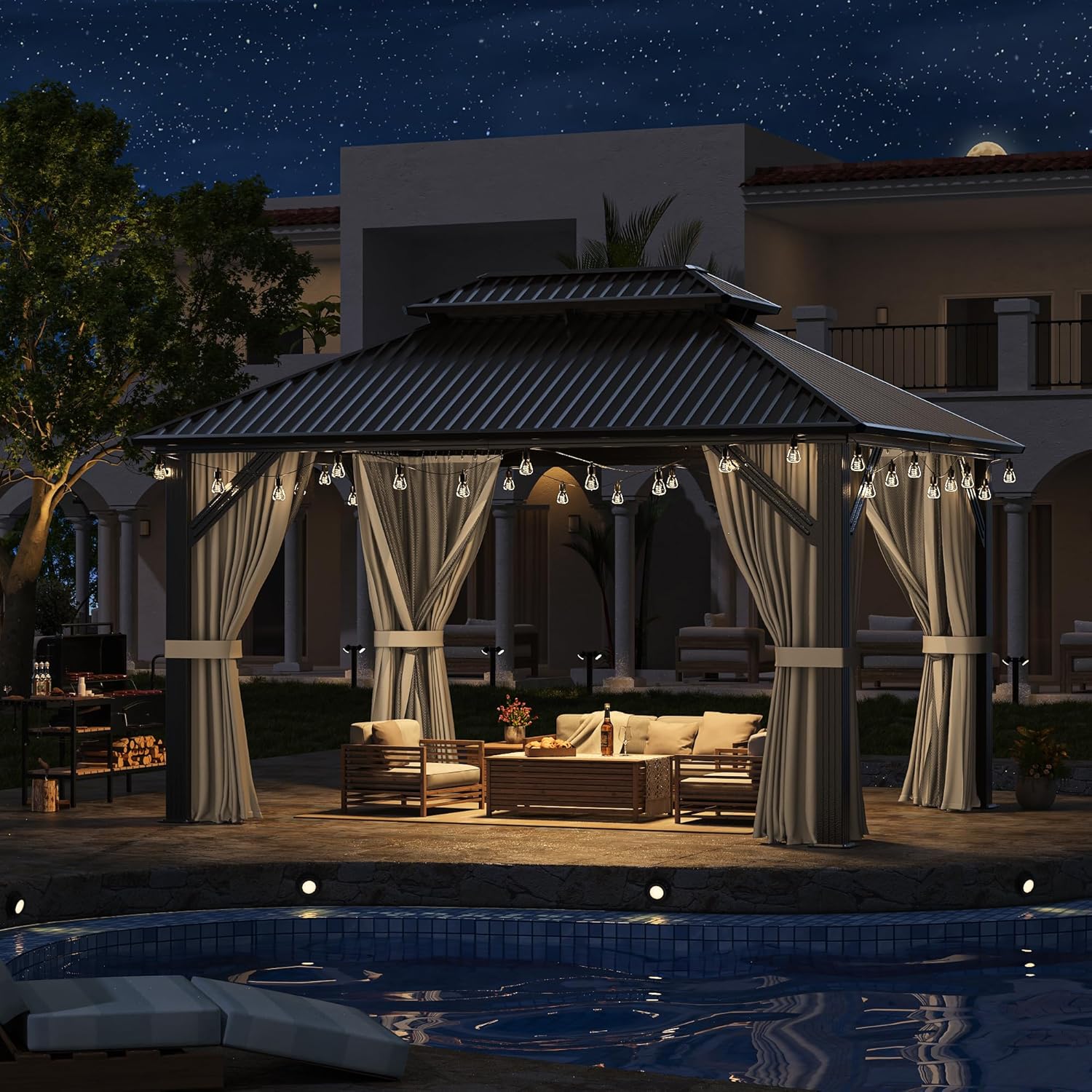 10'x12' Gazebo Hardtop Gazebo, Aluminum Frame Pergola with Double Galvanized Steel Roof