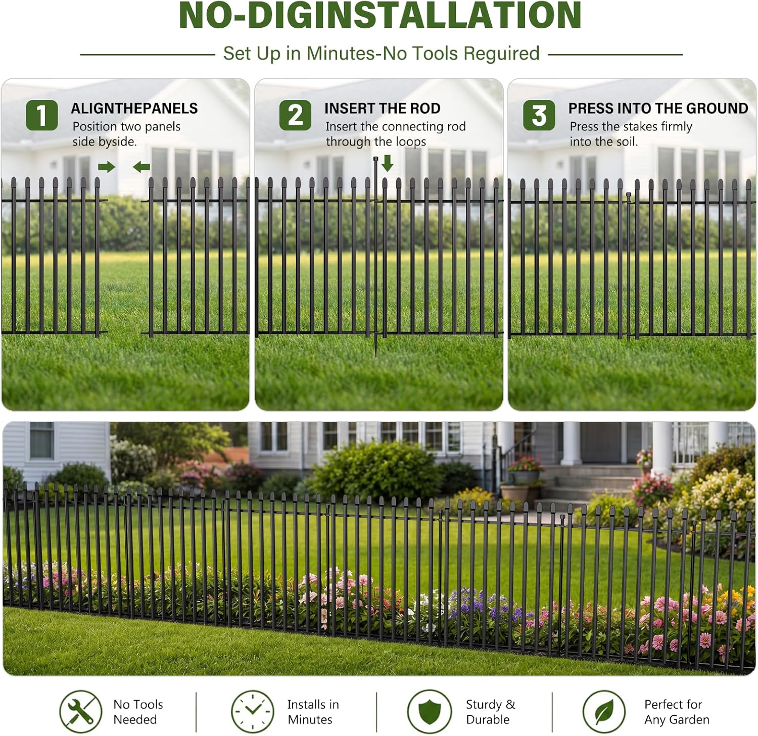 10 Panels No Dig Decorative Garden Fence with Gate, 32in(H) × 22ft(L) Heavy-Duty Rustproof Metal Panels, Outdoor Dog
