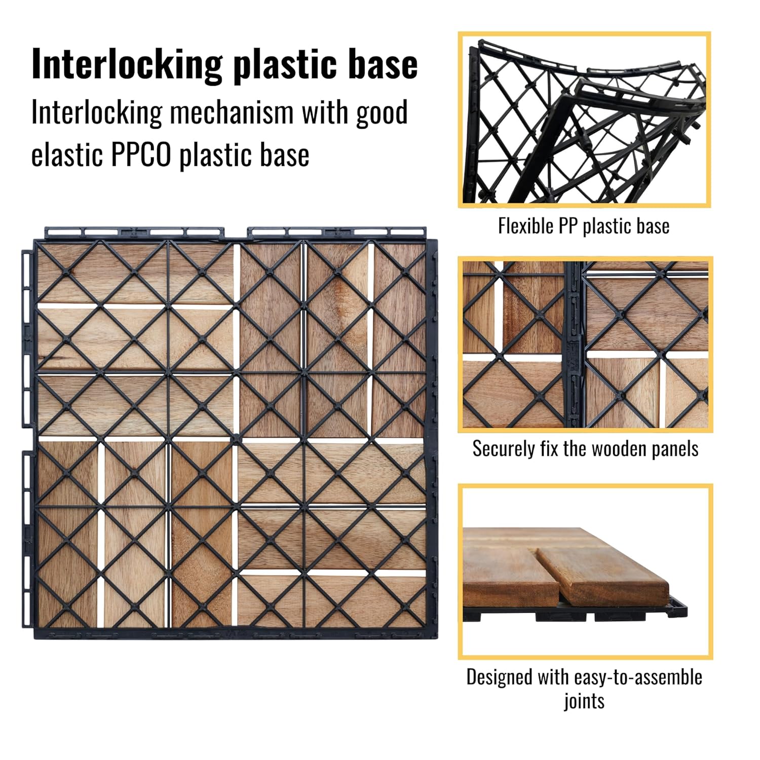 10 Pcs Outdoor Interlocking Deck Tiles, 12"x12" Acacia Wood Tiles for Patio, Porch, Balcony & Poolside, Checker
