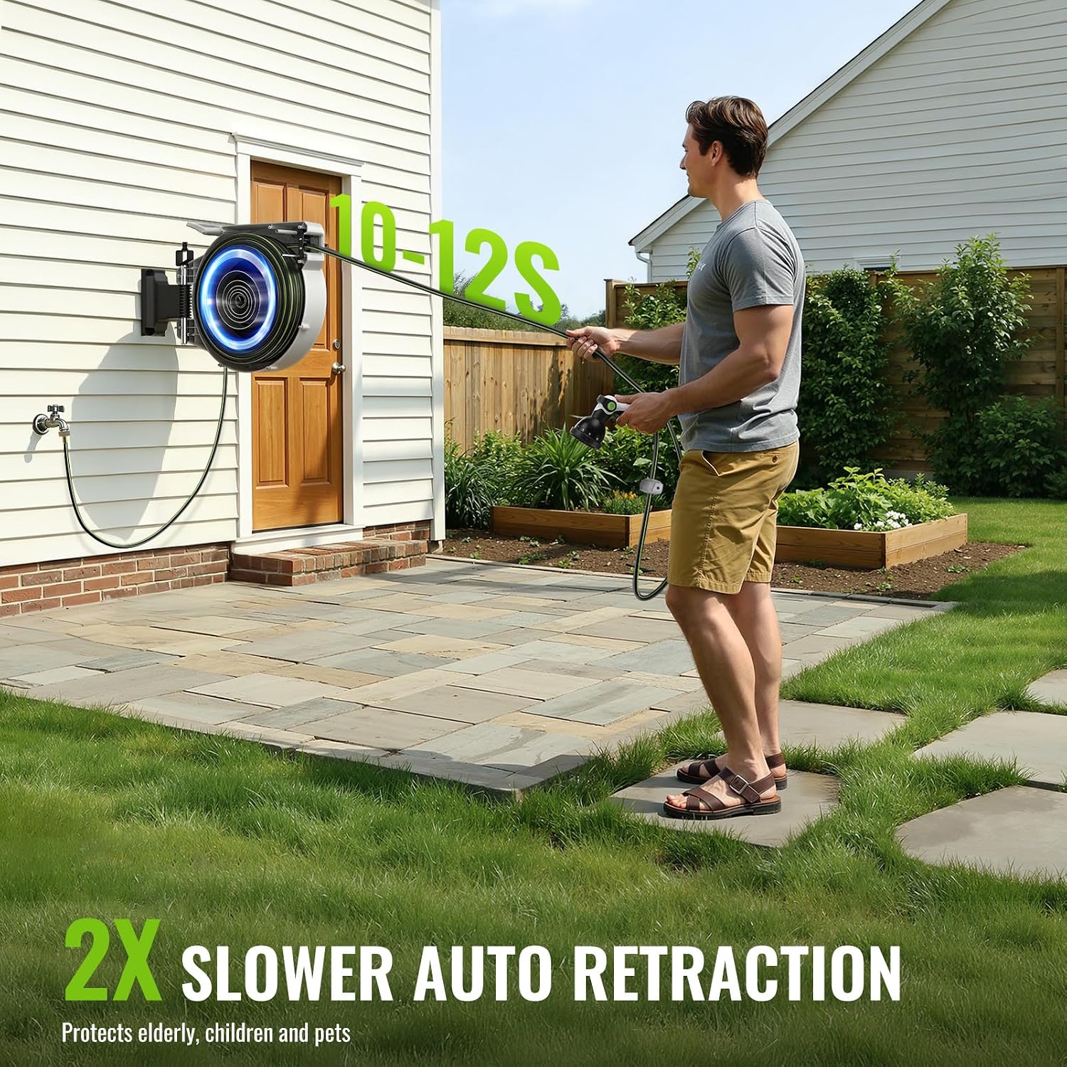 100 FT x 1/2 Inch Retractable Garden Hose Reel for Garden Watering | Any-Length Lock, 10-12s Auto Rewind, 10 Spray