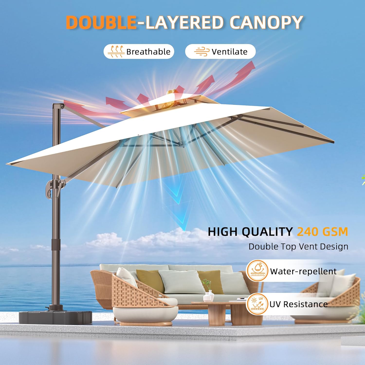 10' X 13' Outdoor Patio Umbrella Large Rectangle Cantilever Umbrella Heavy Duty 360°Rotation Offset Umbrella Pool