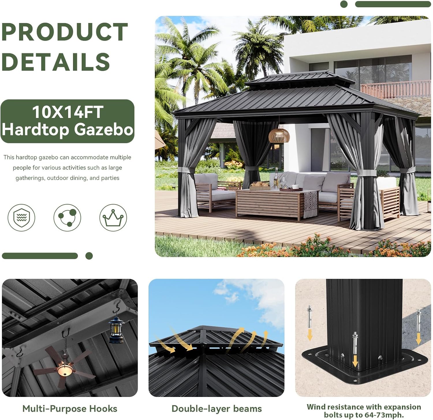 10' X 14' Hardtop Gazebo with Drainage System, Aluminum Outdoor Gazebo with Galvanized Steel Double Roof