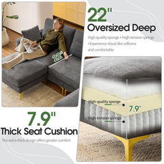 100" W U Shaped Couch with Ottoman, 22" Deep Seat Comfortable Sectional Couches for Living Room