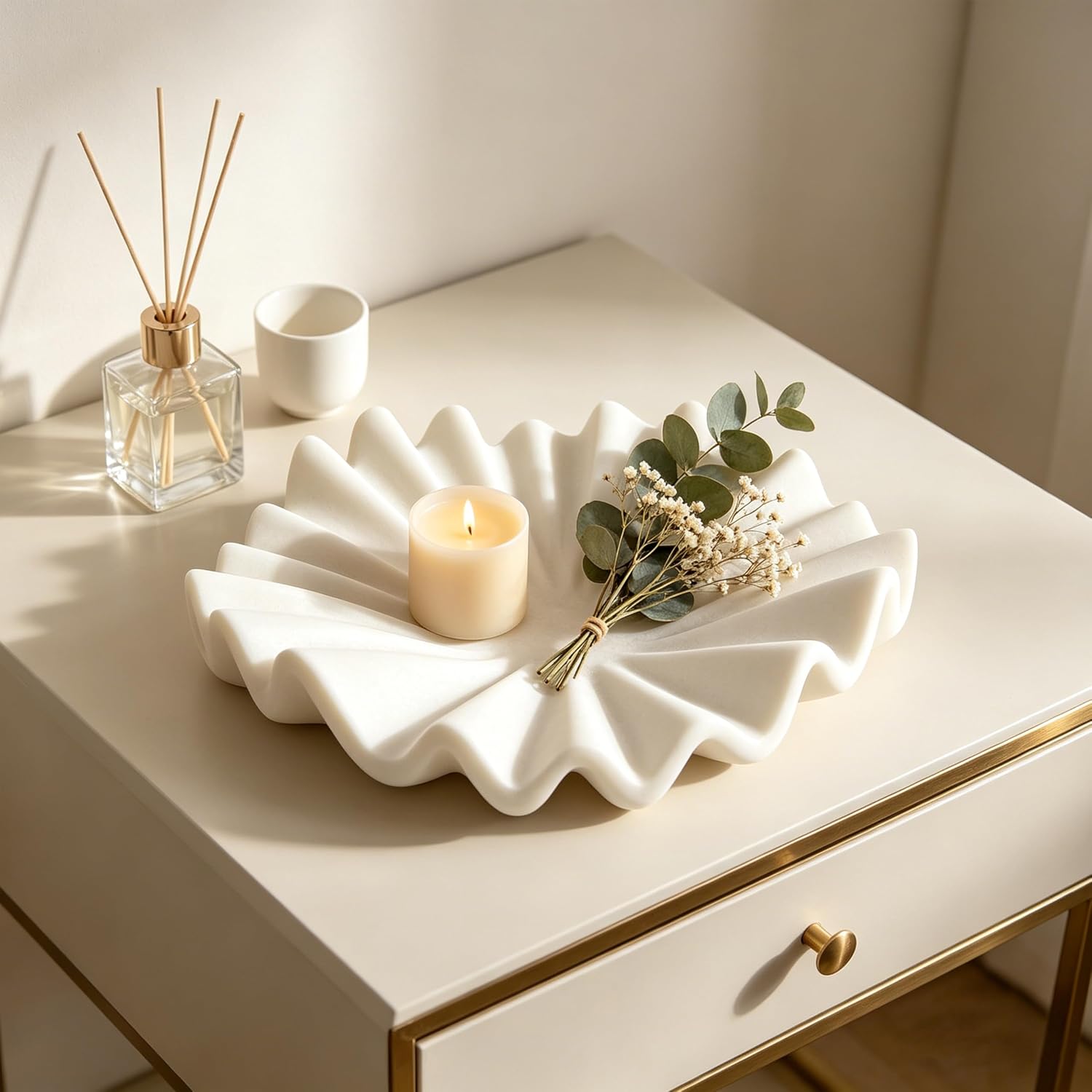 10 Inch Decorative Bowl, White Marble Style Centerpiece | Ruffled Wavy Tray Decor for Modern Home Coffee Table