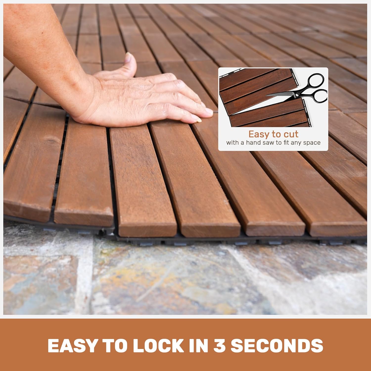 10 Pack Acacia Wood Interlocking Deck Tiles, 12x12 Outdoor Flooring, Non-Slip & Weather Resistant, Easy DIY Patio Tiles