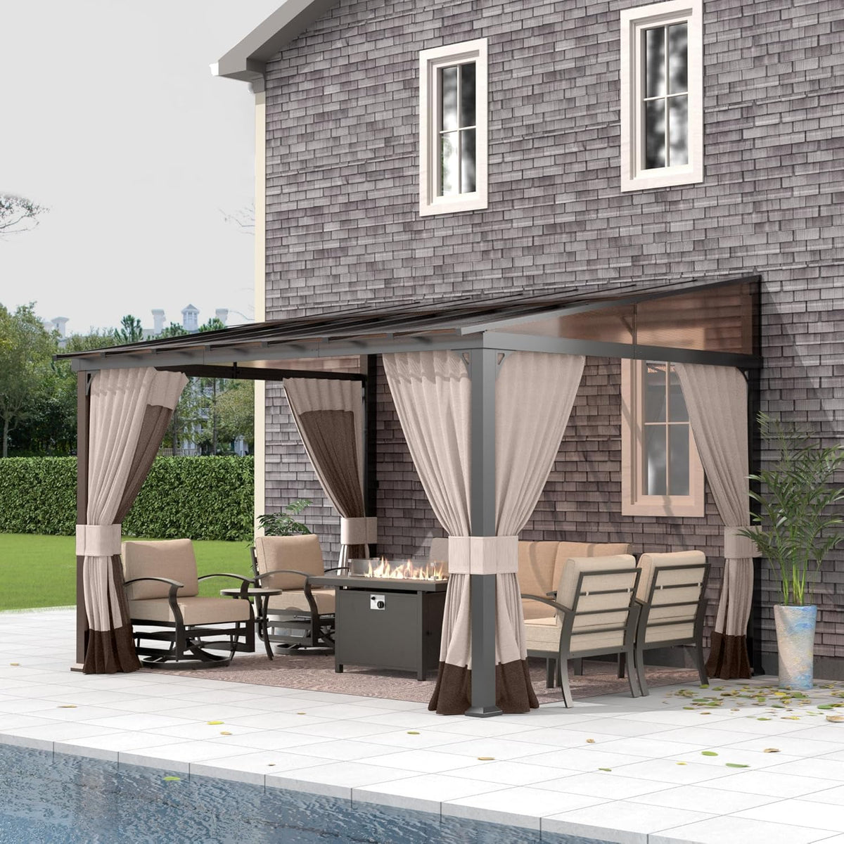 10 FT x 12 FT Lean to Gazebo, 3 in 1 Outdoor Gazebo with Sloped Roof