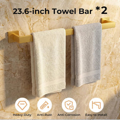 10-Piece Brushed Gold Bathroom Hardware Set SUS304 Stainless Steel, 2×23.6" Towel Bars, 2 Towel Rings, 2 Toilet Paper