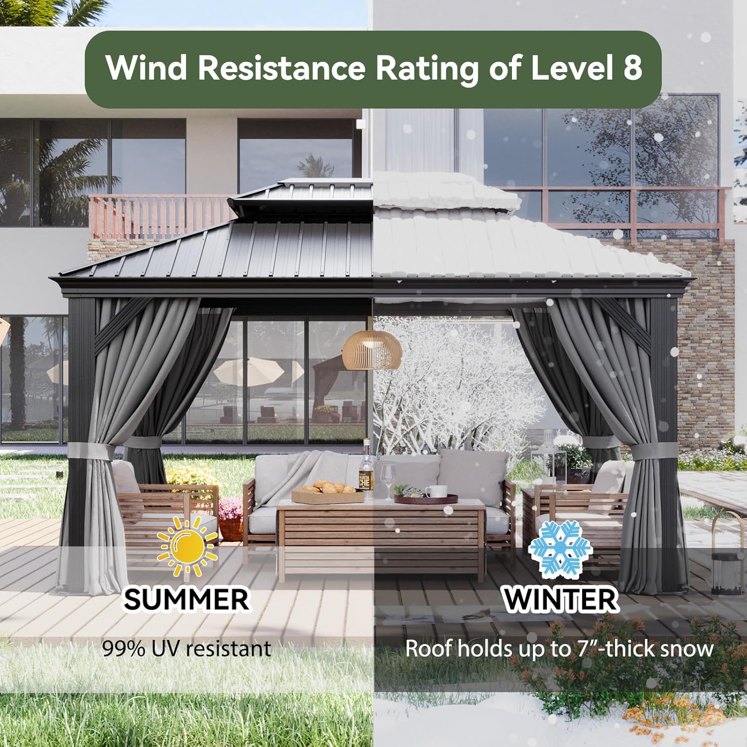 10' X 14' Hardtop Gazebo with Drainage System, Aluminum Outdoor Gazebo with Galvanized Steel Double Roof