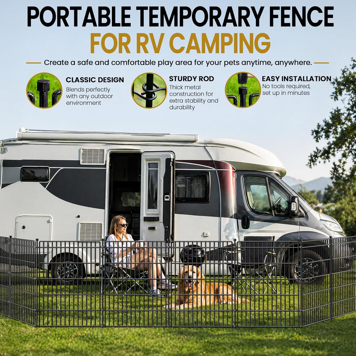 10 Panels No Dig Garden Fence with Gate, 34in(H) × 22.5ft(L) Decorative Metal Outdoor Dog Fence, Rustproof Pet