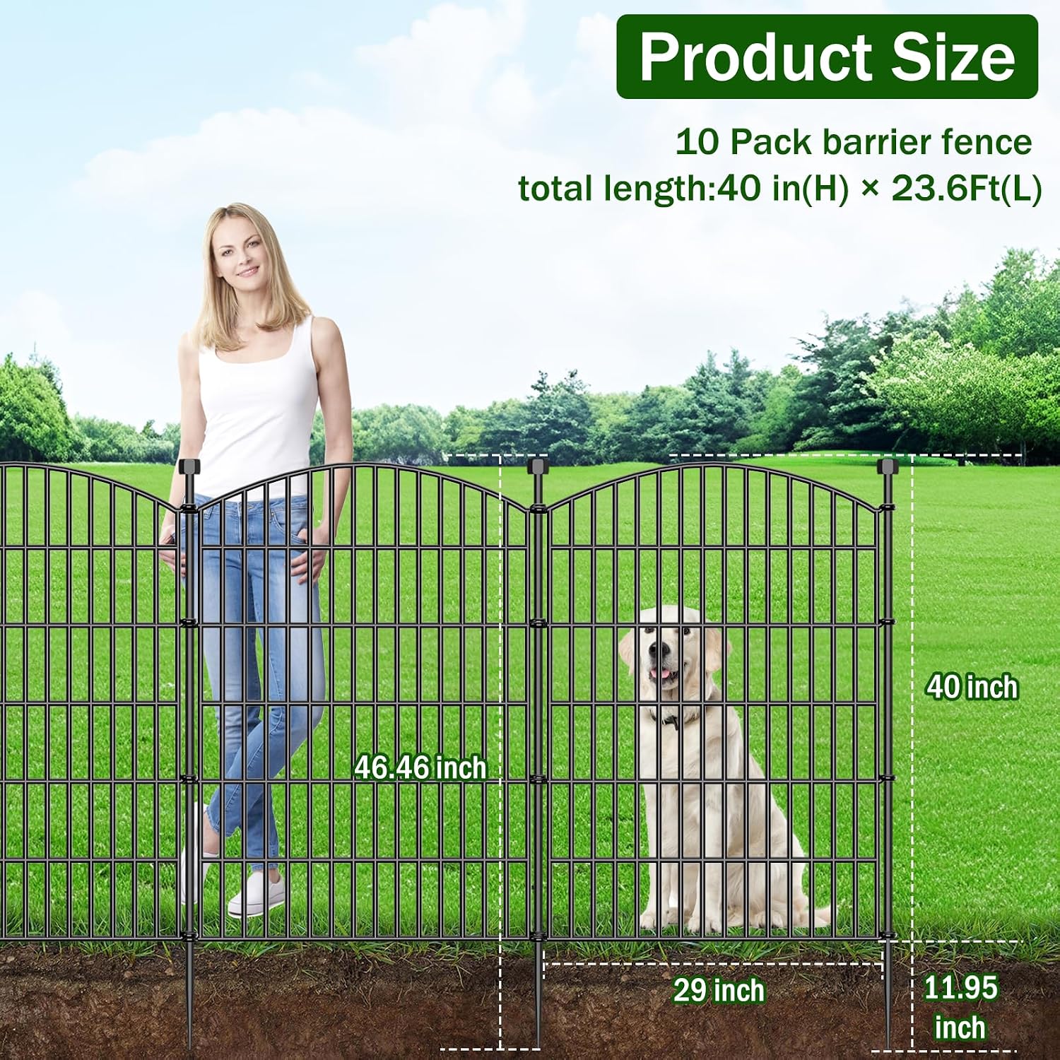 10 Panels No Dig Decorative Garden Fence with Gate - 40 in (H) x 23.6 ft (L), Dog Fence Outdoor for Yard, Rustproof