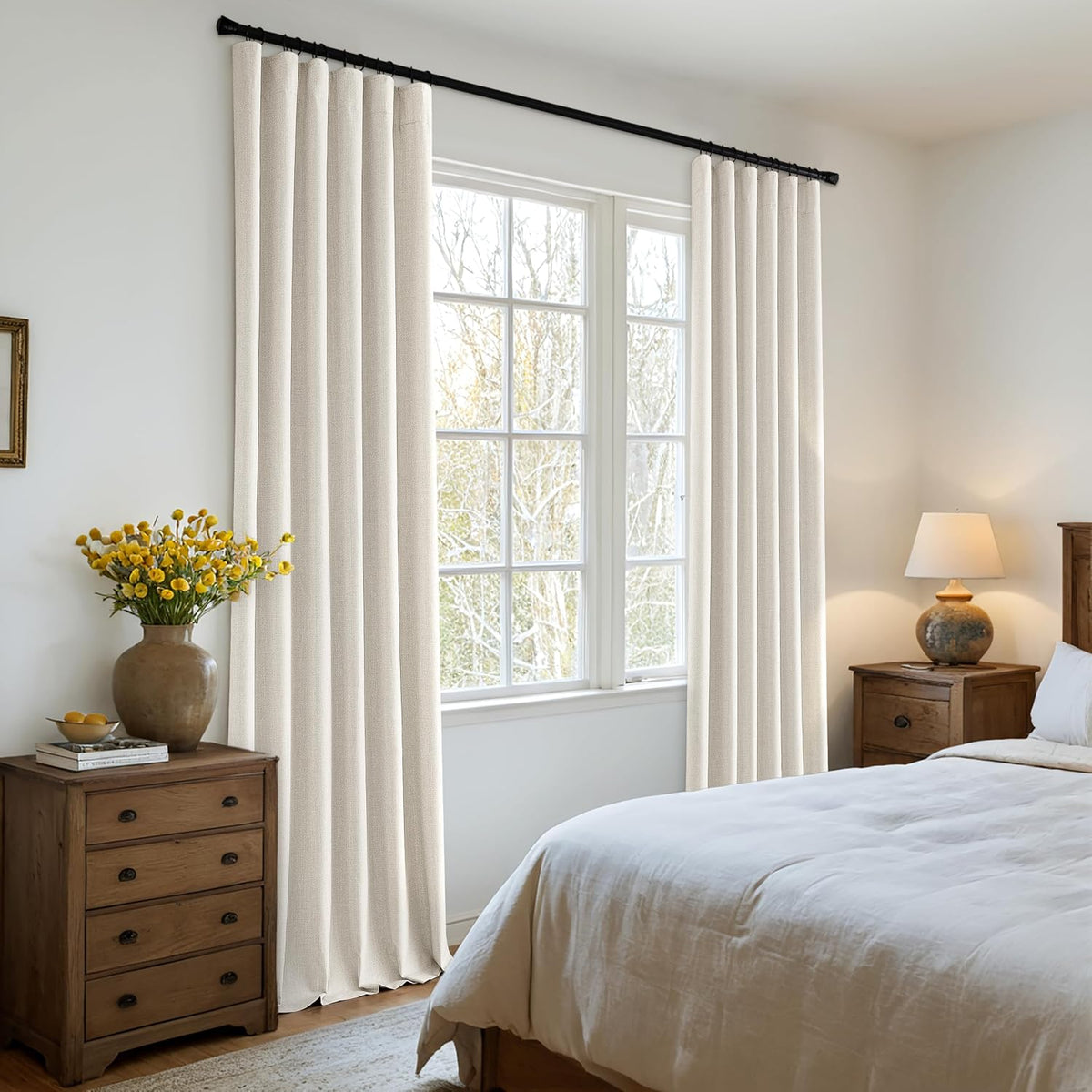 100% Blackout Curtains 2 Panels Set, Cream Thick Faux Linen Black Out Curtain Room Darkening Pleated