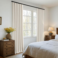 100% Blackout Curtains 2 Panels Set, Cream Thick Faux Linen Black Out Curtain Room Darkening Pleated