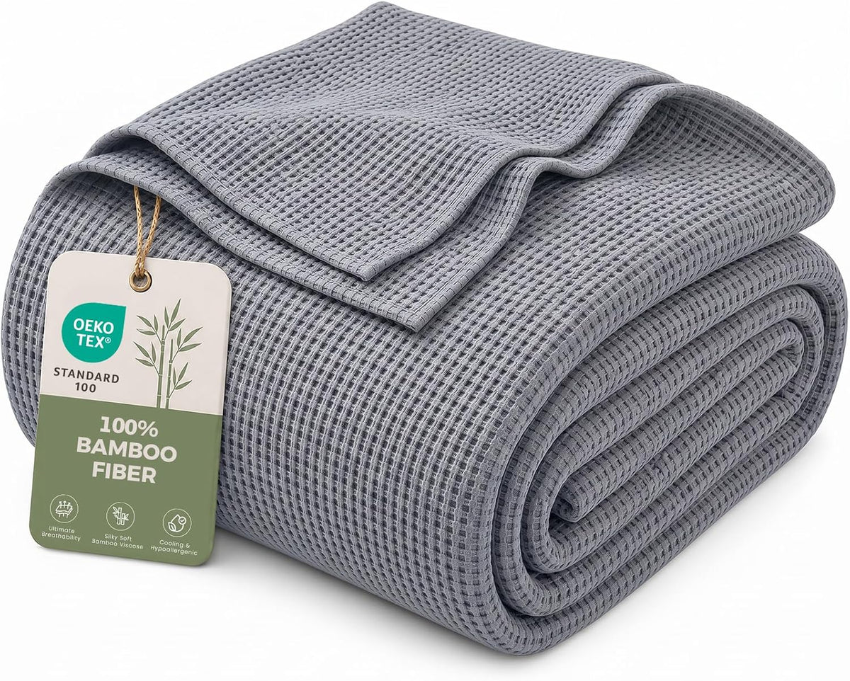 100% Bamboo Rayon Waffle Blanket Twin Size, 60x80 Inch, Blue Gray | Super Soft, Breathable, Lightweight Blanket for